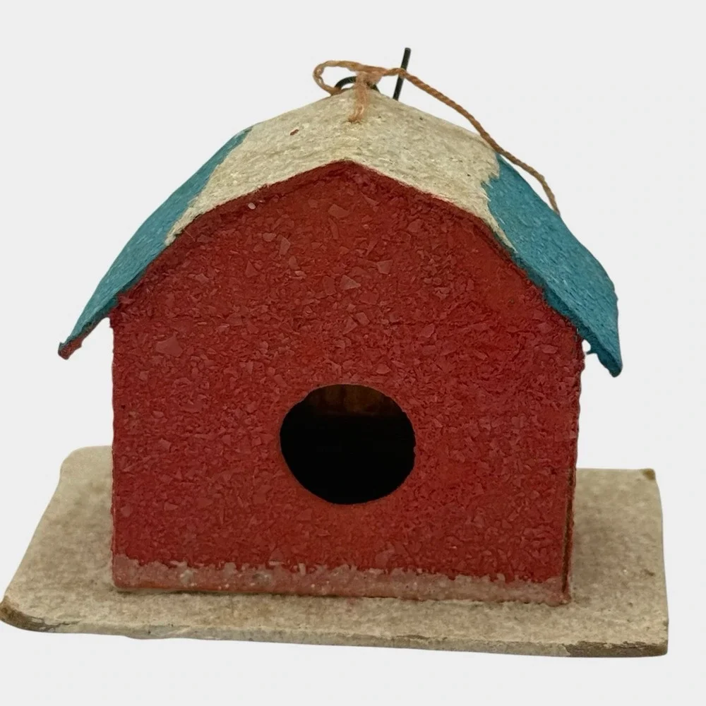 Miniature Putz House Mica Christmas Ornament Red Blue 1950s Japan Vintage